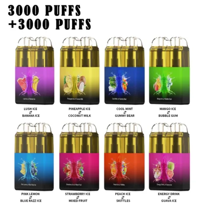 3000 dispositivos de vapeo puff en varios sabores, incluyendo Lush Ice, Pineapple Ice, Cool Mint, Mango Ice, Pink Lemon, Strawberry Ice, Peach Ice y Energy Drink.