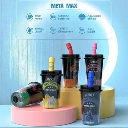 Meta Max disposable vape devices in the shape of bubble tea cups, featuring different colors and flavors, with 7000 puffs, 600 mAh batteries, 15.0 ml liquid capacity, adjustable airflow, and Type-C charging.