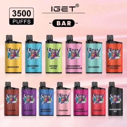 IGET BAR disposable vape devices with 3500 puffs, featuring various flavors including Mango Ice, Blueberry Ice, Double Apple, Strawberry Watermelon Ice, Ice Cream, Strawberry Kiwi Ice, Cola Ice, Grape Ice, Blueberry Raspberry, Peach Ice, Cherry Pomegranate, Lush Ice, and Blackberry Ice.