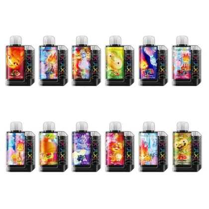 A set of 12 colorful vape devices, each featuring unique fruit and character-themed designs on their packaging.