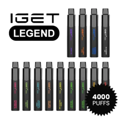 Une collection de stylos à vape noirs étiquetés "IGET LEGEND" avec différents arômes et "4000 PUFFS" affichés sur l'image.