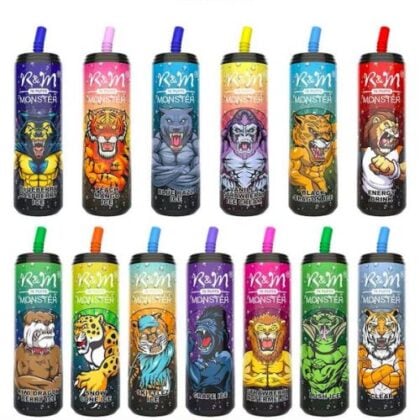 A collection of colorful vape pens featuring various monster-themed designs with different animals and mythical creatures on each pen.