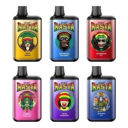 Six bouteilles de vape colorées étiquetées "Rasta" avec différents personnages illustrés et noms d'arômes : Triple Mangue, Kiwi Dragon Fruit Berry, Pastèque Ice, Fraise Pastèque Bubble Gum, Raisin Honeydew, et Blue Razz Ice.