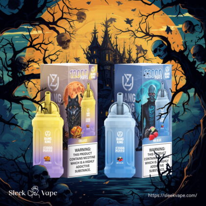 Halloween-Werbung für "Bang King"-Einwegdampfgeräte mit zwei Vape-Geräten, die mit schaurigen Figuren illustriert sind und vor Nikotinabhängigkeit warnen.