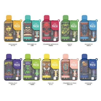 A display of 10 Bang Box vape devices in various colors, each labeled with a different flavor such as Peach Mango, Tripe Berry Ice, and Blue Razz Ice, with detailed artwork on the packaging.