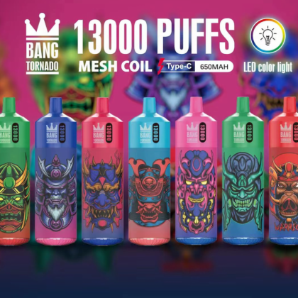 Colorful vape devices with intricate mask designs, labeled "Bang Tornado 13000 Puffs" and various technical details on a pink background.