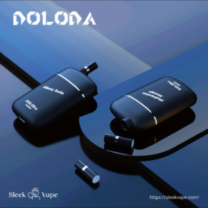 Two sleek black vape devices with "DOLONA" branding, labeled "Cherry Soda" and "Macadamia Mango," placed on a reflective surface with two small caps beside them.