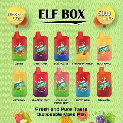 Bild som visar tio ELF BOX engångspennor i olika färger, var och en märkt med en annan smak som "Lush Ice", "Chreey Grape", "Blue Razz Ice", "Strawberry Mango", "Peach Mango", "Mint Lemon", "Cranberry Grape", "Kiwi Guava Passion Fruit", "Energy Drink" och "Red Mojito". Texten anger "Mesh Coil", "5000 Puffs" och "Fresh and Pure Taste".