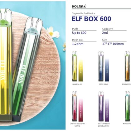 Product display of the ELF BOX 600 disposable vape device in various colors and flavors, showing the device's specifications such as 600 puffs, 2ml capacity, 450mAh battery, and 1.2-ohm mesh coil.