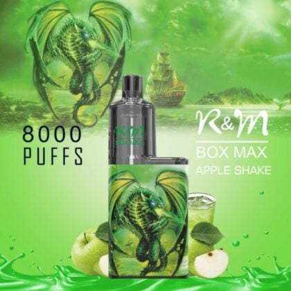 A green-themed vape device with a dragon design labeled "R&M BOX MAX APPLE SHAKE," offering 8000 puffs, surrounded by images of green apples and a green apple shake.