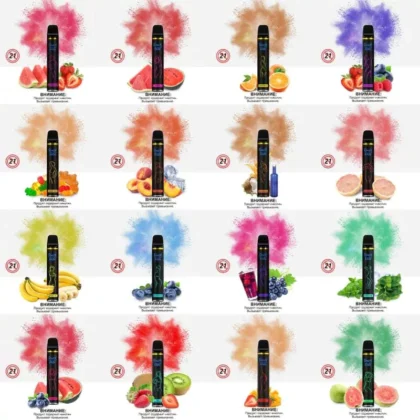 A variety of colorful disposable vapes with fruit flavors displayed in rows, including watermelon, strawberry, peach, orange, banana, and other fruits, against vibrant colored backgrounds.