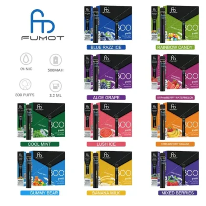 FUMOT disposable vape pens in various flavors, including Blue Razz Ice, Rainbow Candy, Aloe Grape, Strawberry Watermelon, Cool Mint, Lush Ice, Gummy Bear, Banana Milk, Strawberry Banana, and Mixed Berries. Each pen has 800 puffs, 500mAh battery, 3.2ml e-liquid capacity, and 0% nicotine.