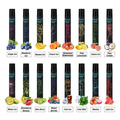 A collection of 20 vape pens featuring different fruit flavors, each with a unique character design on the packaging. Flavors include Grape Ice, Blueberry Ice, Banana Ice, Peach Ice, Strawberry Watermelon, Pink Lemonade, Guava Ice, Pina Colada, Melon Ice, Strawberry Banana, Kiwi Berry, Mixed Berries, Cola Ice, Cool Mint, Mamba, and Lush Ice.