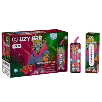 "Colorful packaging of UZY BAR disposable vape in Strawberry Ice flavor, featuring a vibrant cartoon character and strawberries, with details about 8000 puffs, 18ml capacity, and various nicotine strengths."