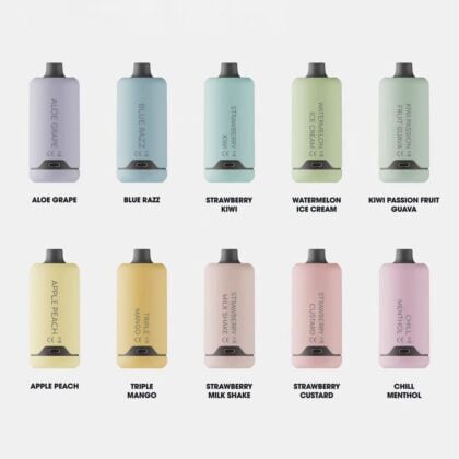 Ten cylindrical vape devices in various pastel colors, each labeled with different flavors, including Aloe Grape, Blue Razz, Strawberry Kiwi, Watermelon Ice Cream, Kiwi Passion Fruit Guava, Apple Peach, Triple Mango, Strawberry Milk Shake, Strawberry Custard, and Chill Menthol.