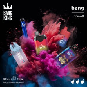 Assorted Bang vape products displayed against a vibrant explosion of colorful smoke, featuring different designs and branding, with a "Bang King" logo and "Sleek Vape" website at the bottom.