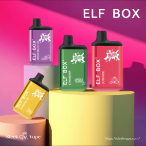 Colorful vapes labeled "ELF BOX" with flavors like Grape Melon Ice, Kiwi Berry, Lush Ice, and Banana Ice, displayed on geometric pastel platforms.