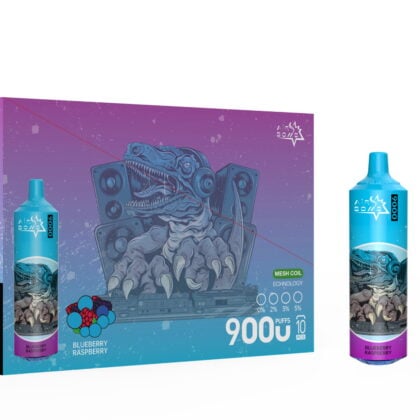 Packaging of a blueberry raspberry flavored disposable vape with 9000 puffs, featuring a dinosaur illustration on the box and device, with a nicotine warning label.