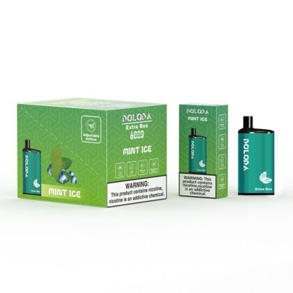 Emballage vert et noir du produit de vapotage "Doloda Extra Box Mint Ice" avec flux d'air réglable, étiquettes d'avertissement et illustrations de feuilles de menthe et de glaçons.