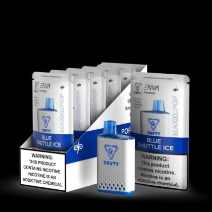 A display of multiple blue and white ENVA POP8000 disposable vape devices labeled "GRVTY" and "Blue Shuttle Ice," with a warning about nicotine being an addictive chemical.