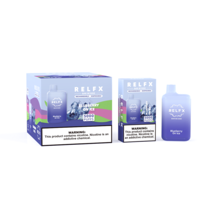 RELFX disposable vape packaging for "Blueberry on Ice" flavor, featuring a 5000 puffs capacity and a nicotine warning label.