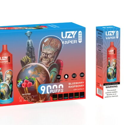 Packaging of a disposable vape device called "UZI Vaper" with a blueberry raspberry flavor, featuring a cartoonish alien holding a globe, and labeling that indicates 9,000 puffs, nicotine strength options, and warnings about nicotine addiction.