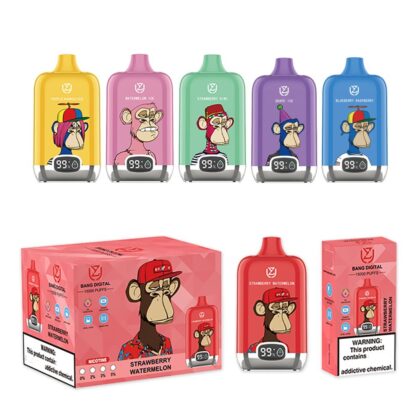 A collection of colorful vape devices with cartoon ape illustrations, each labeled with different flavors like "Strawberry Watermelon," "Grape Ice," and "Blueberry Raspberry," along with a product box displaying the "Strawberry Watermelon" flavor.