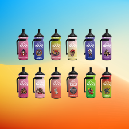 A collection of twelve colorful "Bang" water bottles with various character designs and flavor labels, arranged in two rows against a gradient blue and orange background.