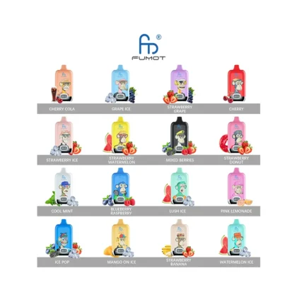 Fumot vape flavors including Cherry Cola, Grape Ice, Strawberry Grape, Cherry, Strawberry Ice, Strawberry Watermelon, Mixed Berries, Strawberry Donut, Cool Mint, Blueberry Raspberry, Lush Ice, Pink Lemonade, Ice Pop, Mango on Ice, Strawberry Banana, and Watermelon Ice.