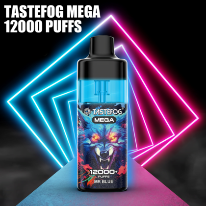 Dispositivo de vapeo "Tastefog Mega 12000 Puffs Mr Blue" con fondo de luz de neón