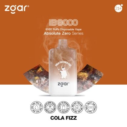 Reklambild för zgår IB8000 engångsvape, Cola Fizz-smak, 8000 puffar, ingår i Absolute Zero Series, med en vit flaska med en isbjörnsbild och olika produktikoner.