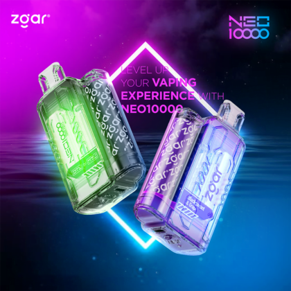 Deux dispositifs de vaporisation Zgar NEO10000 colorés, l'un vert et l'autre violet, flottant sur un fond vibrant éclairé au néon avec le texte "Level up your vaping experience with NEO10000" (Améliorez votre expérience de vapotage avec NEO10000).