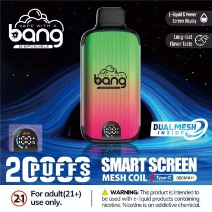 Dispositivo de vapeo desechable con un colorido diseño degradado, etiquetado como "Bang". Sus características incluyen 2000 caladas, pantalla inteligente, bobina de malla, carga Type-C y una batería de 650mAh. La imagen incluye advertencias sobre la nicotina y su uso está restringido a mayores de 21 años.