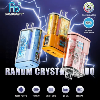 Three colorful, transparent vape devices with digital displays and branded "RandM Crystal 12000" are shown against a blue background with lightning graphics, along with icons indicating features like 12000 puffs, Type-C charging, mesh coil, 20ml capacity, and 650mAh battery.