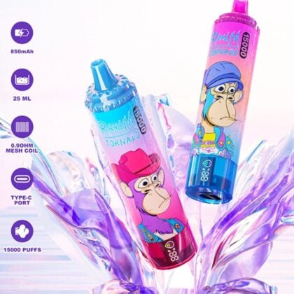 Two colorful disposable vape pens with cartoon monkey graphics, featuring details like 850mAh battery, 25ml capacity, 0.90 ohm mesh coil, Type-C port, and 15,000 puffs.