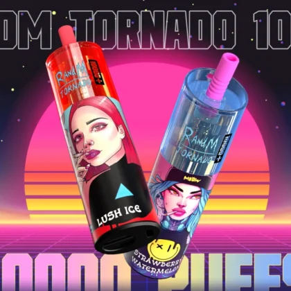 Dos coloridos dispositivos de vapeo con ilustraciones de mujeres, etiquetados como "Lush Ice" y "Strawberry Watermelon", sobre un fondo retrofuturista.