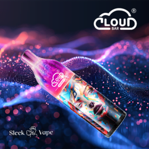 Sleek, vibrant vape device with a colorful, abstract face design, branded as "Cloud Bar," floating against a dynamic, glowing digital background.