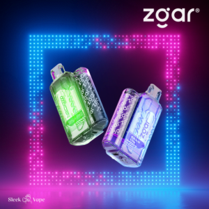 Two sleek, transparent vape devices with the brand name "zgar" displayed prominently, one in green and the other in purple, floating against a backdrop of neon lights forming a square frame.