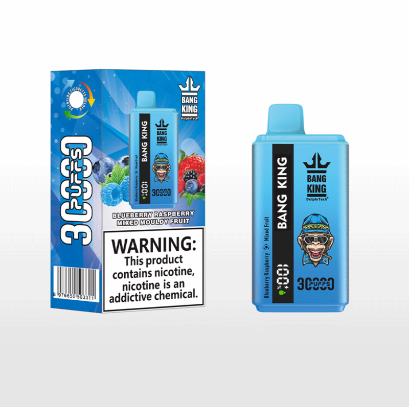 Blue packaging with a vape device featuring blueberry raspberry and mixed fruit flavoring, and a warning label about nicotine addiction.