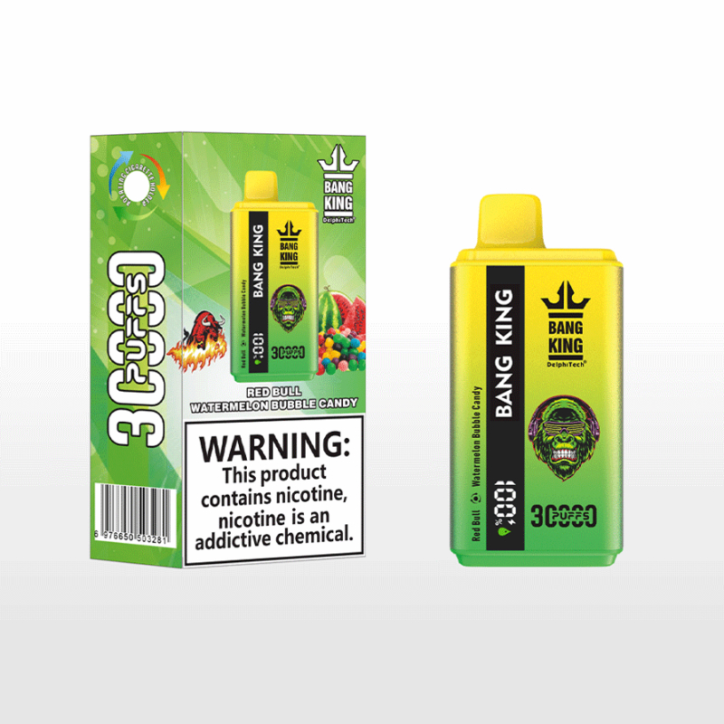 Packaging and device for a Bang King disposable vape product with a red bull watermelon bubble candy flavor and a warning about nicotine addiction.