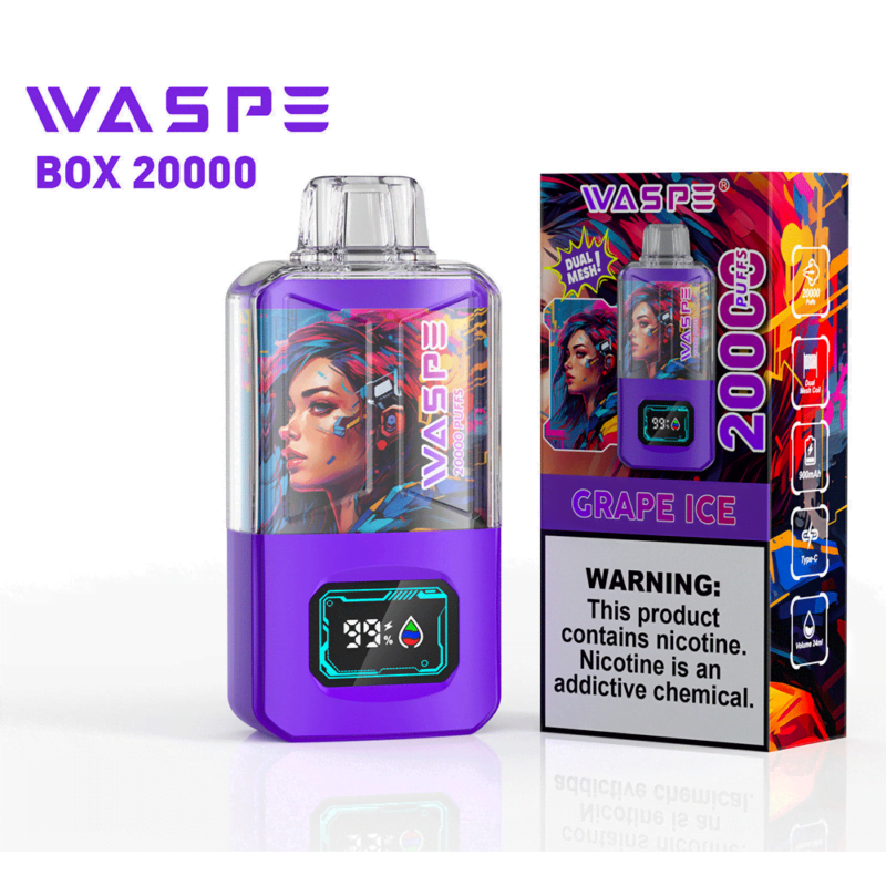 WASPE 20000 20K Puffs 0% 2% 3% 5% Nicotine LCD Display Rechargeable Disposable Vape