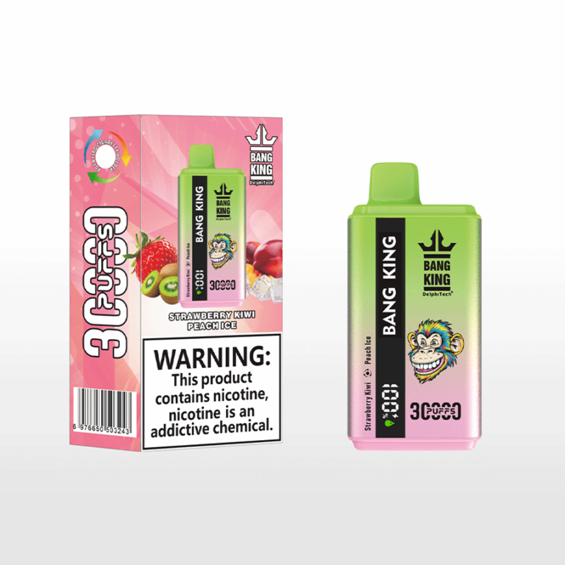 A compact green and pink vaping device labeled 'Bang King,' alongside its packaging box featuring a strawberry, kiwi, and peach design, with a prominent nicotine caution label.