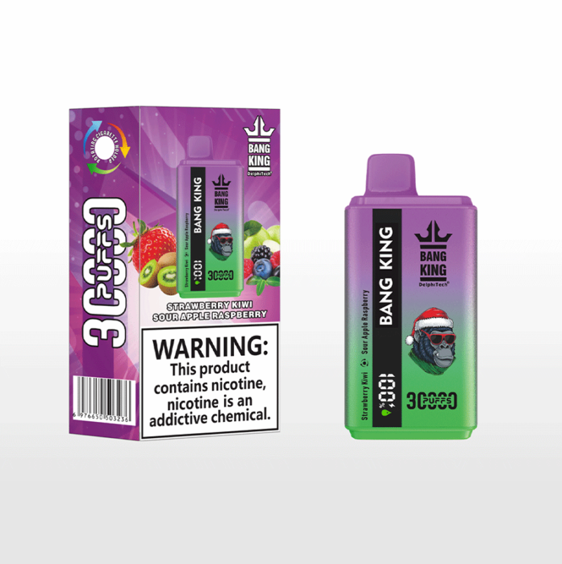 A display of a Bang King disposable vape with its packaging, showcasing the Strawberry Kiwi Sour Apple Raspberry flavor, adorned with vibrant fruit imagery and a warning label about nicotine use.