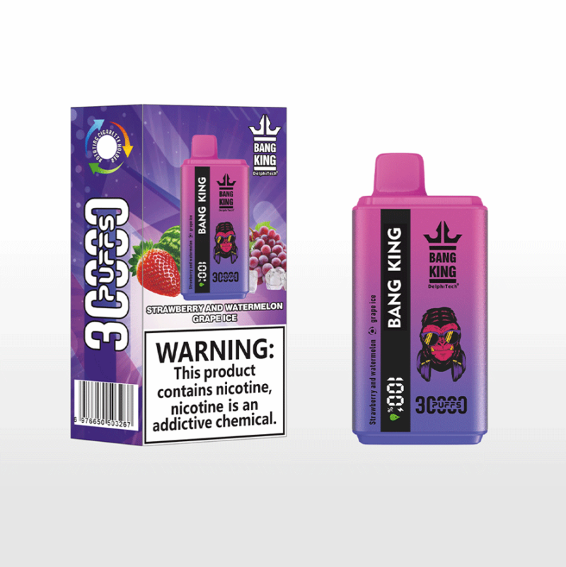 A Bang King disposable vape device and its packaging, featuring a strawberry and watermelon grape ice flavor with a bold nicotine warning label.