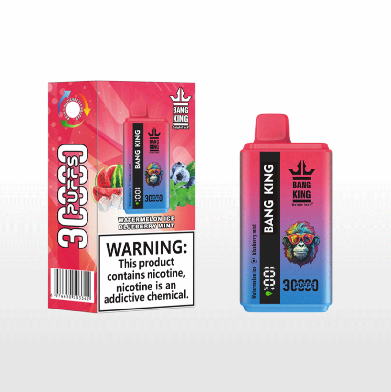 A Bang King vape device and its packaging featuring watermelon ice and blueberry mint flavors, with a warning about nicotine addiction displayed on the box.