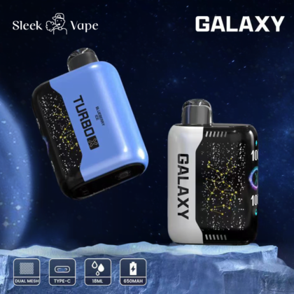 Two sleek, portable vape devices labeled "TURBO X" and "GALAXY," floating in a space-themed background, with icons indicating dual mesh, Type-C charging, 18ml capacity, and 650mAh battery.