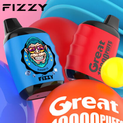 Fizzy Great Compact Mesh Coil Disposable Vape in einer eleganten Verpackung, die seine Tragbarkeit und die fortschrittliche Spulentechnologie für ein reibungsloses Dampferlebnis hervorhebt.