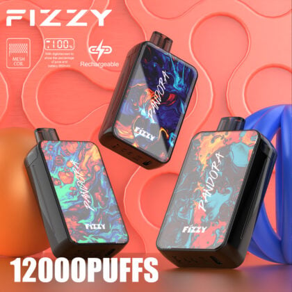 FIZZY rechargeable vape device with colorful "Pandora" design, featuring a 12000 puffs capacity and mesh coil technology.