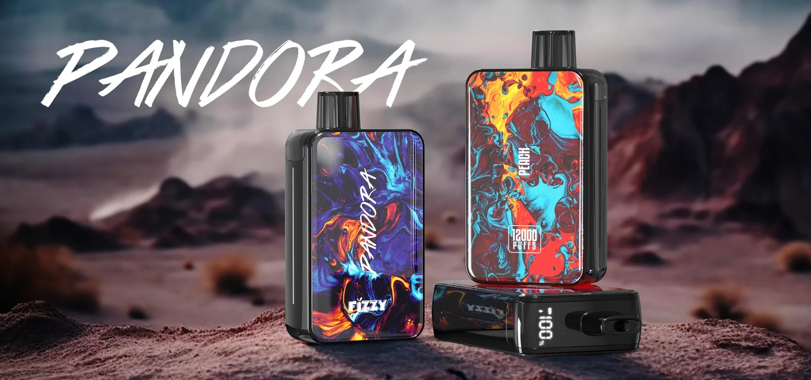 Two colorful vape devices with abstract designs displayed on a desert-like landscape, with the word "Pandora" in bold white text above them.