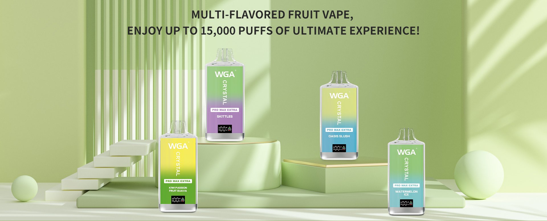 WGA Crystal Pro Max Extra 15K disposable vape device with a sleek design, offering 15,000 puffs, showcased in its original packaging against a white background.